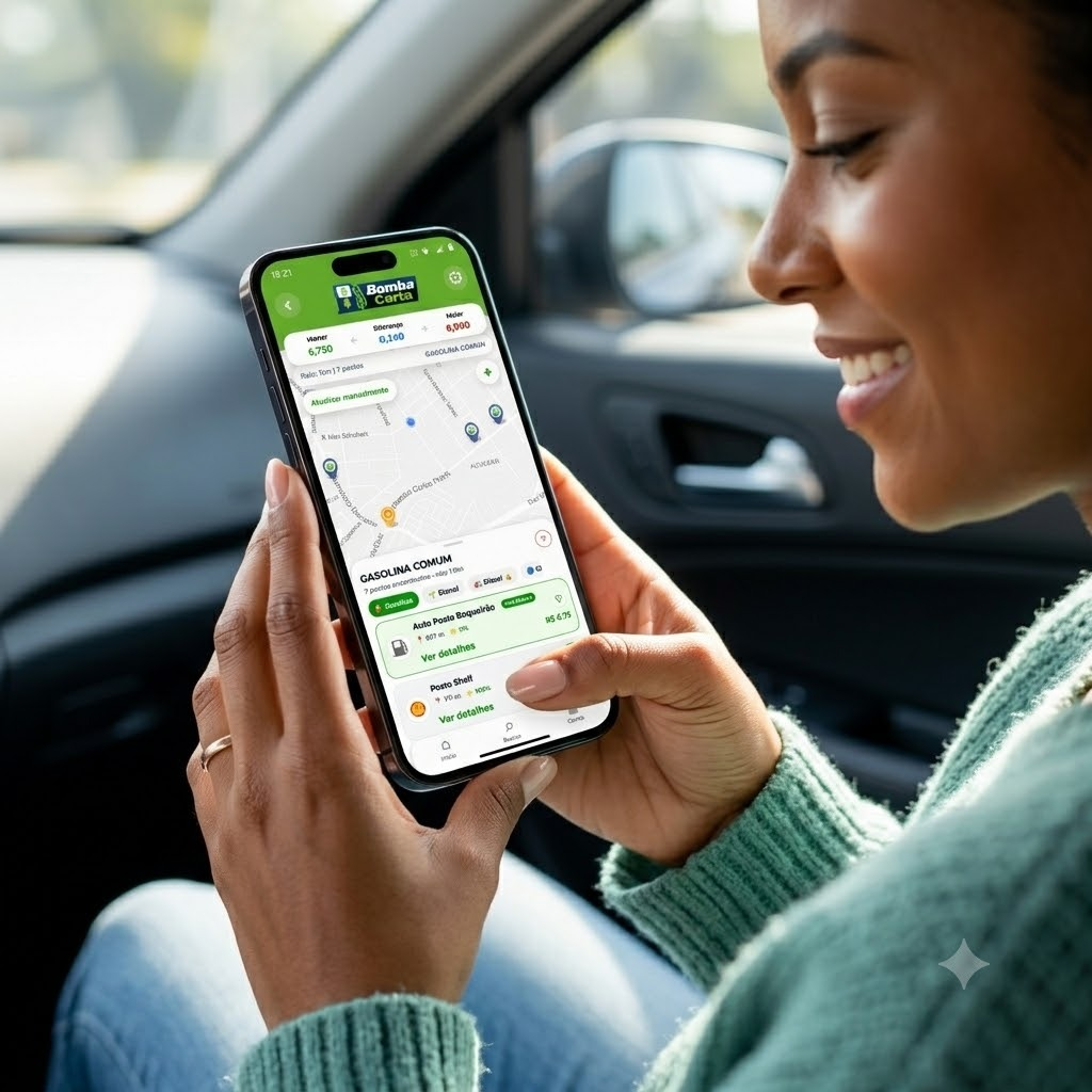 Pessoa usando o app Bomba Certa no celular dentro do carro antes de abastecer